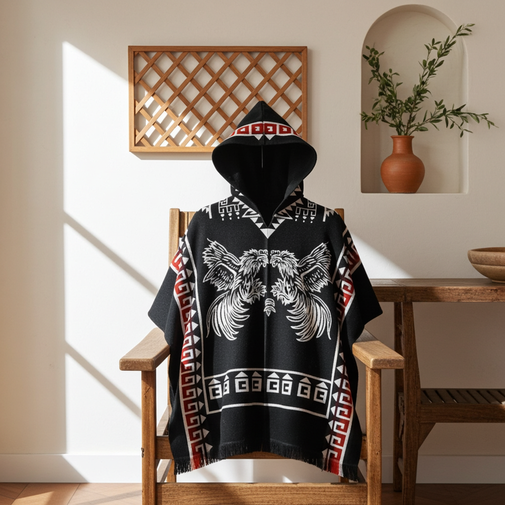 Black Handcrafted Mexican Poncho – Traditional Pattern Collection