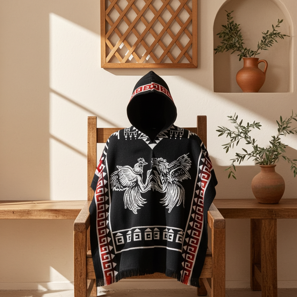 Black Handcrafted Mexican Poncho – Traditional Pattern Collection